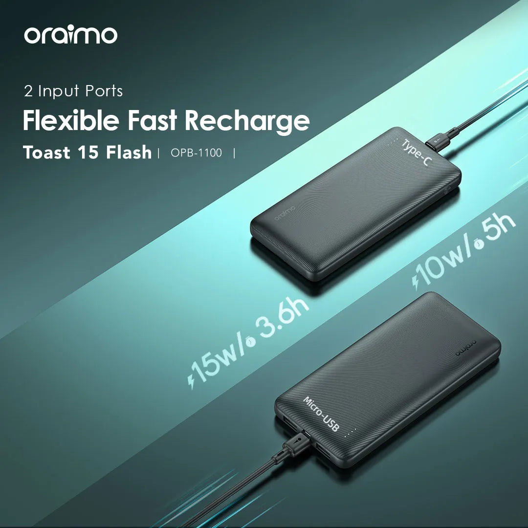 باور بانك أورايمو Toast 15 Flash بسعة 10,000 مللي امبير وبقدرة شحن 15 واط | Oraimo Toast 15 Flash 10000mAh 15W Fast Charging Power Bank