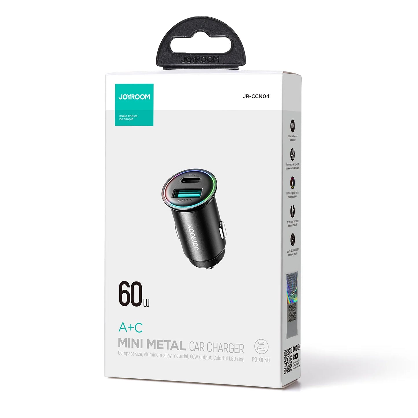 شاحن سيارة جويرووم ميني بمنفذي تايب سي ويو اس بي اي وبقدرة شحن 60 واط | Joyroom JR-CCN04 60W A+C Mini Metal Car Charger