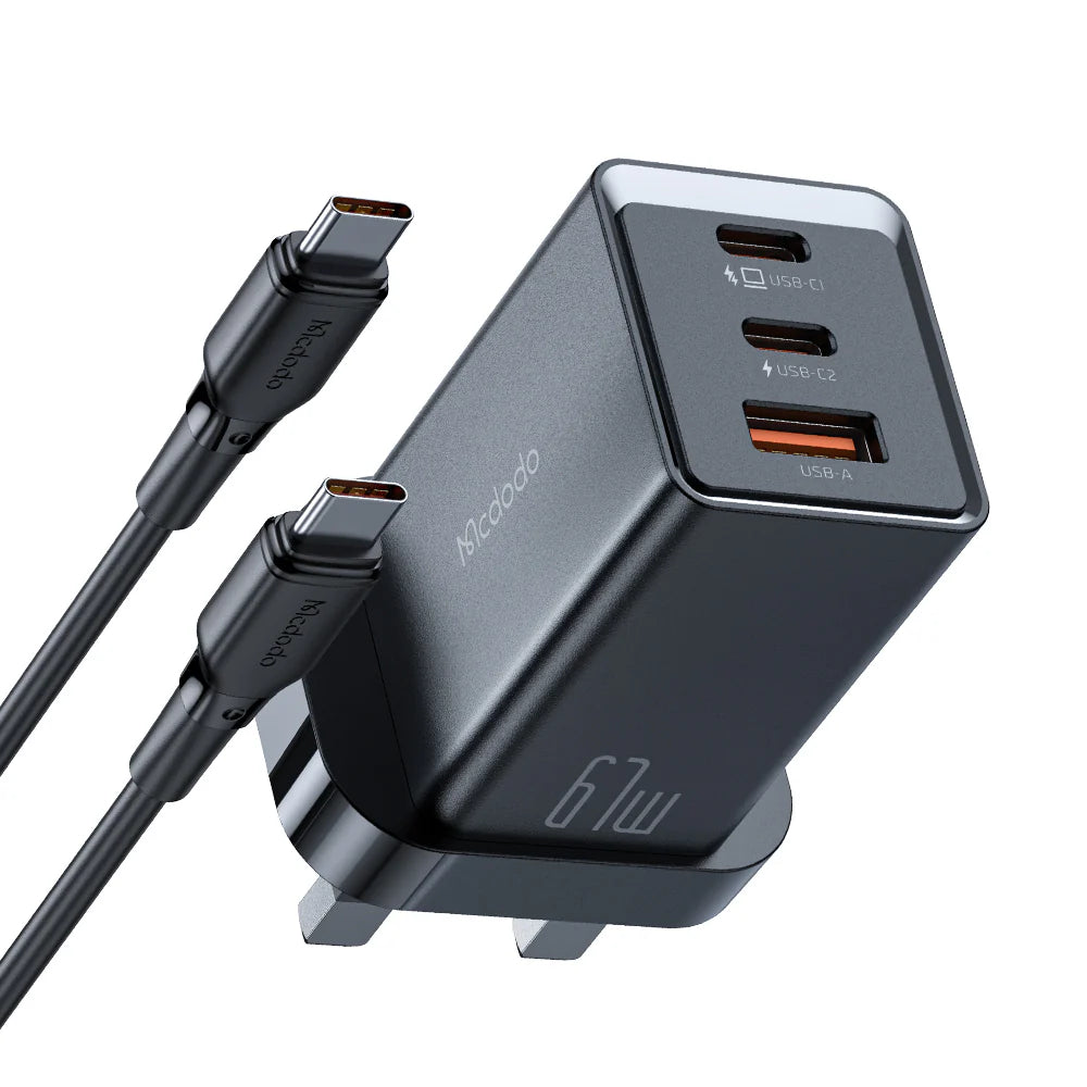 Mcdodo 67W 2 Port Type-c & 1 Port USB Gan5 mini Fast Charger Pro with Type-c to Type-c Cable 1.2m - شاحن جداري بقدرة 67واط بمنفذين تايب سي ومنفذ يو اس بي مع كيبل تايب سي