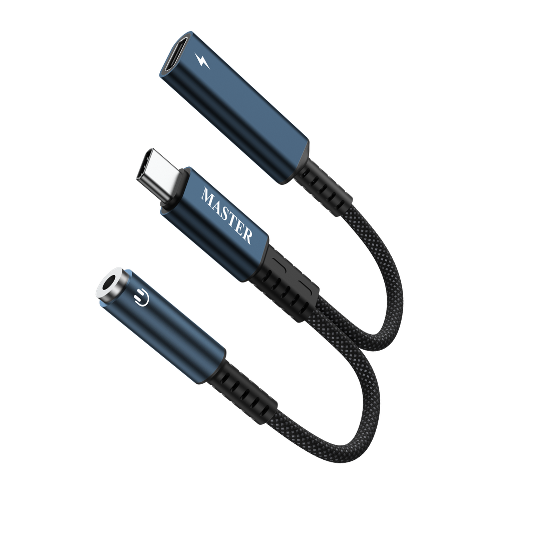 محول ماستر مظفر 2 في 1 تايب سي الى تايب سي و Aux للصوت وبقدرة شحن 60 واط - اسود | Master Braided 2-in-1 USB-C to Aux Audio Adapter PD 60W - Black