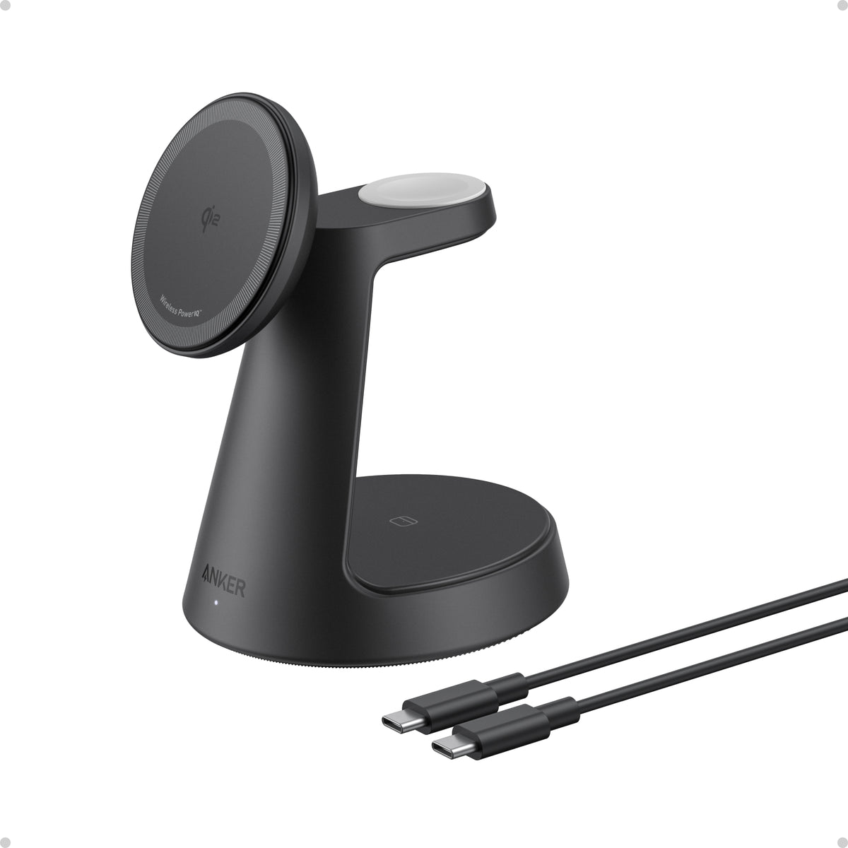 محطة الشحن اللاسلكية انكر ماج جو 3 في 1, قاعدة شحن 15 واط سريعة بتقنية ماج سيف للايفون | Anker MagGo Wireless Charging Station (3-in-1 Dock Stand), 15W MagSafe Fast Wireless Charger for iPhone