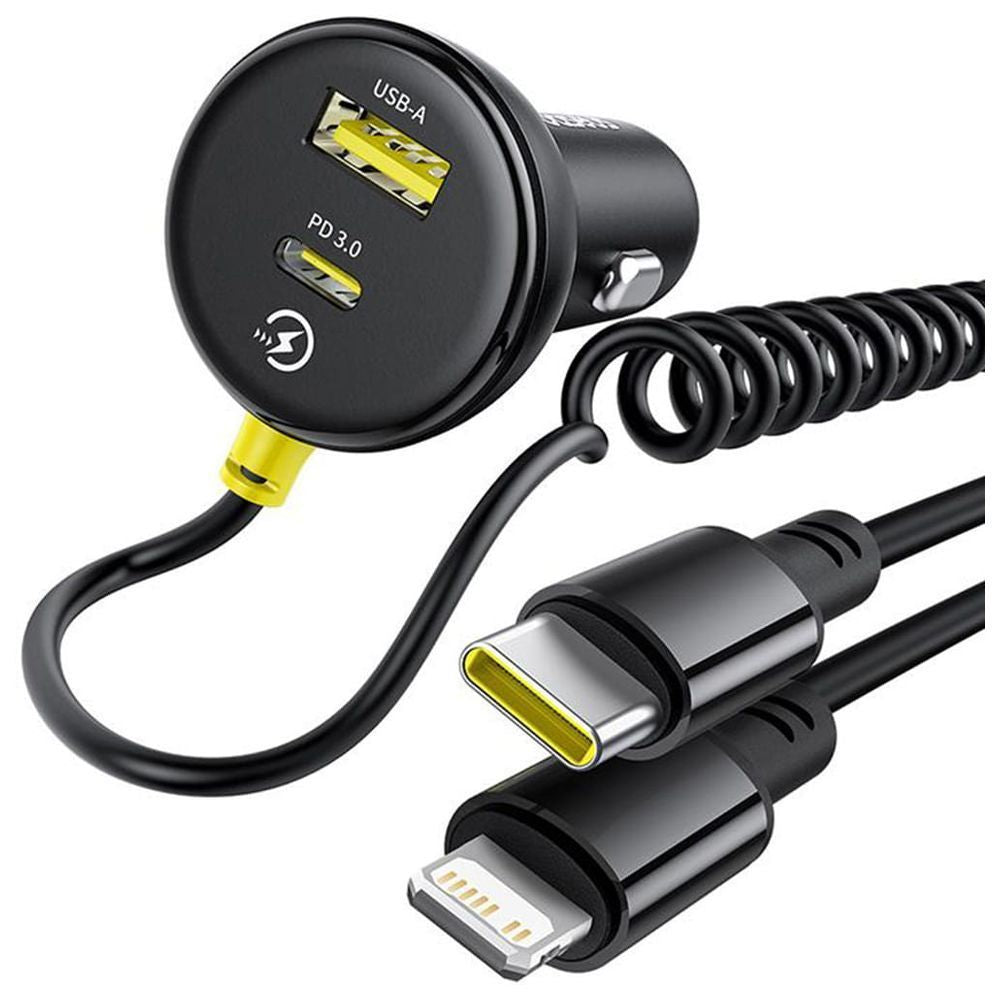 شاحن سيارة بيسوس Circular Plastic 60 واط مع منفذي USB-C وUSB-A وكابل USB-C إلى Lightning – أسود | Baseus Circular Plastic 60W Car Charger USB-C & USB-A + USB-C to Lightning Cable Cosmic Black