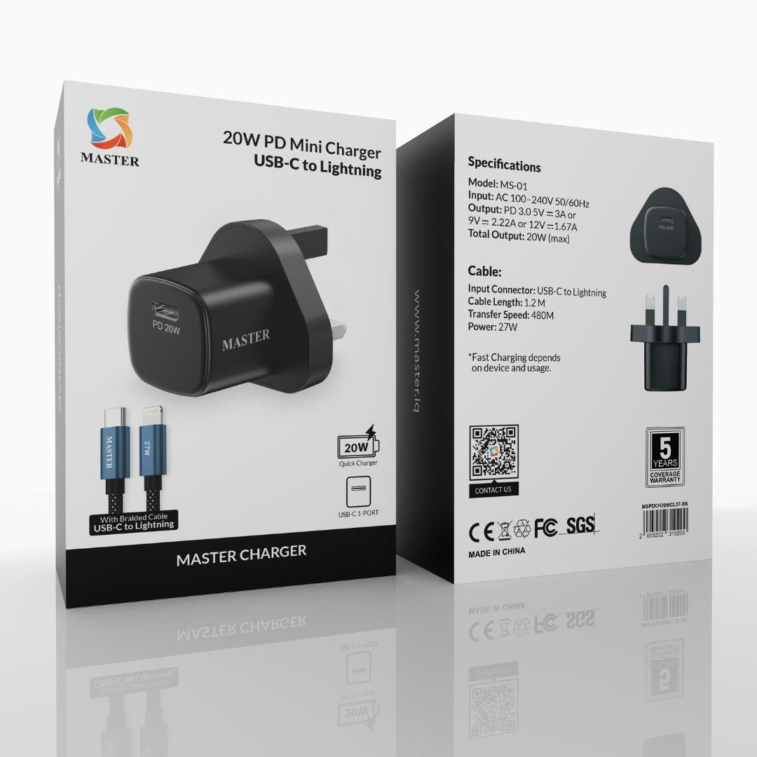 Master PD 20W Mini Charger + 27W USB-C to Lightning Cable – Black | شاحن ماستر ميني 20 وات + كابل 27 وات USB-C إلى Lightning أسود