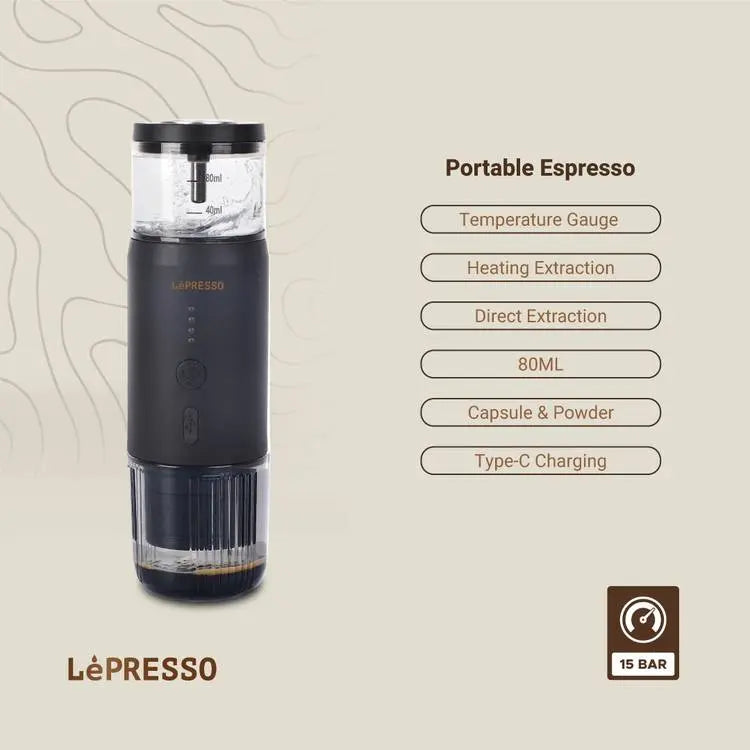 ماكينة إسبريسو محمولة LePresso مع مقياس حرارة حراري – أسود | LePresso Portable Espresso Machine with Thermal Meter – Black