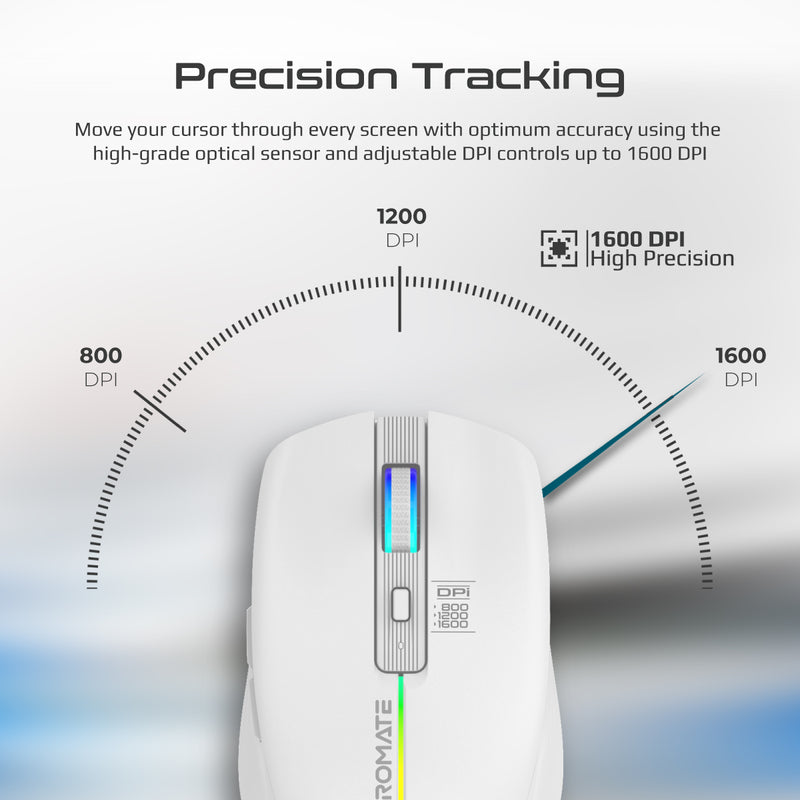 Promate Kitt White RGB wireless mouse - angle view