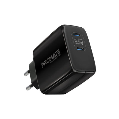 Promate PowerPort-65 شاحن جداري 65 واط GaNFast بمنفذي USB-C - أسود - صورة أمامية