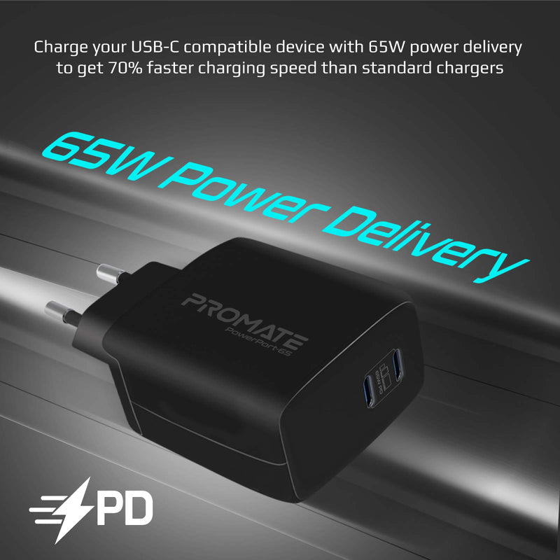 Promate PowerPort-65 شاحن 65 واط - أسود - تصميم مدمج بتقنية GaNFast