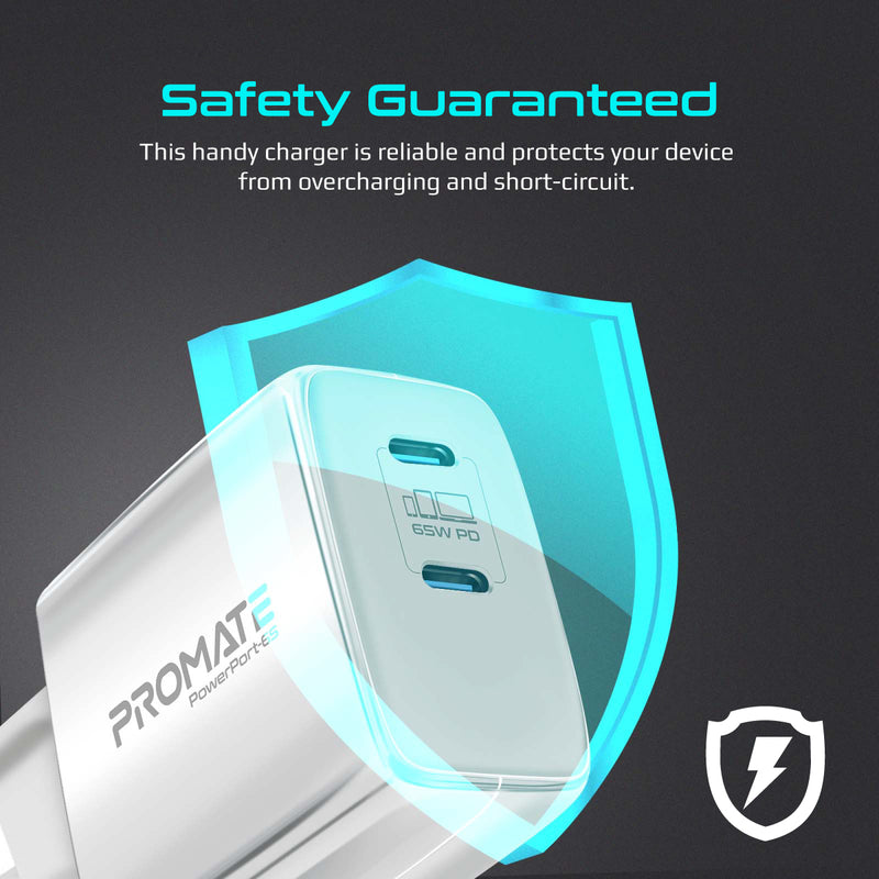 Promate PowerPort-65 شاحن 65 واط - أبيض - يشحن جهازين بنفس الوقت