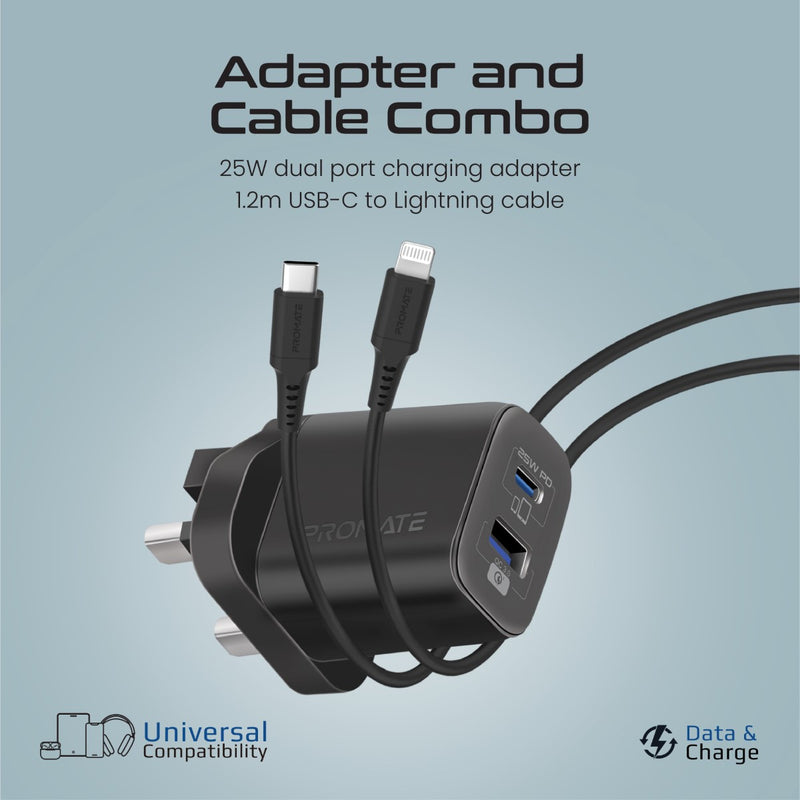 Promate ChargeKit-25PDi شاحن 25 واط - منفذ USB-C ومنفذ USB-A