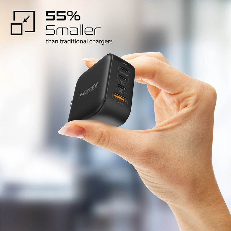 Promate GaNPort4-100PD ثلاثة منافذ USB-C ومنفذ USB-A بتقنية QC 3.0