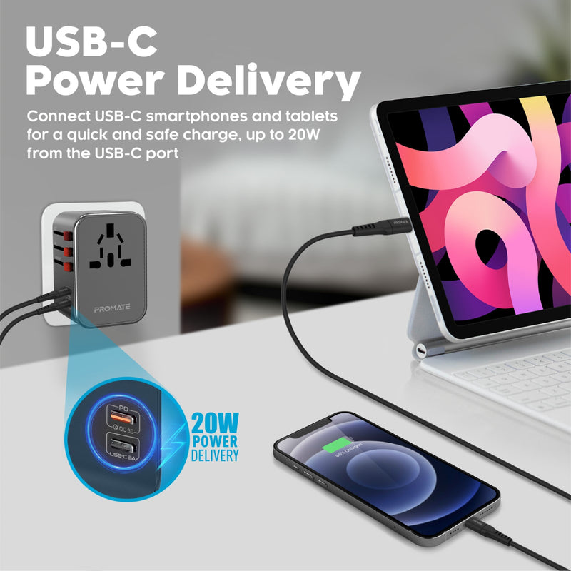 Promate TripMate-36W محول سفر - منفذا USB-C وثلاثة منافذ USB-A