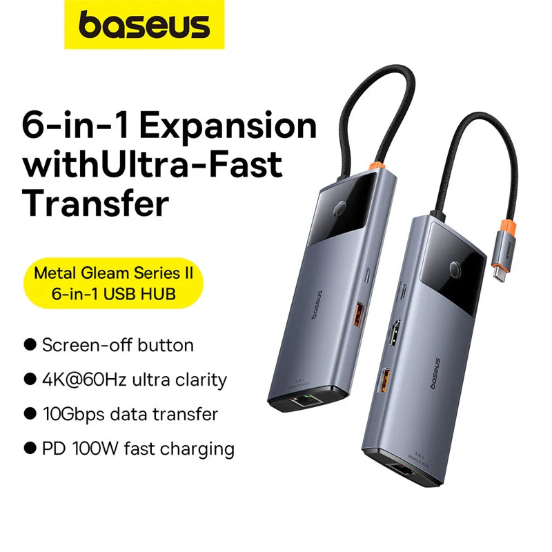 Baseus Hub Metal Gleam Series II 6 in 1 Type-C HUB HDMI 4K60HZ RJ45 Space Grey - هاب بيسوس 6 في 1 تايب سي