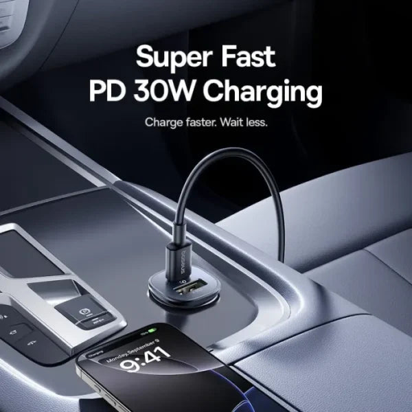 شاحن سيارة بيسوس جو تريب DP1 سريع 30 واط بمنفذي USB-C وUSB-A – أسود كوني | Baseus GoTrip DP1 30W Fast Car Charger USB-C & USB-A Cosmic Black