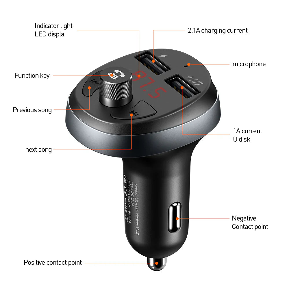Şarjêra Otomobîlê ya Mcdodo Bluetooth 5.1 FM Dual USB