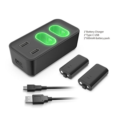 Dual Charging Dock for Xbox Series/One Controllers - Two 800mAh Batteries - LED Indicators - USB-C | قاعدة شحن مزدوجة لوحدات تحكم اكس بوكس سيريس/ون - بطاريتين 800 ملي امبير - مؤشرات LED - شحن USB-C