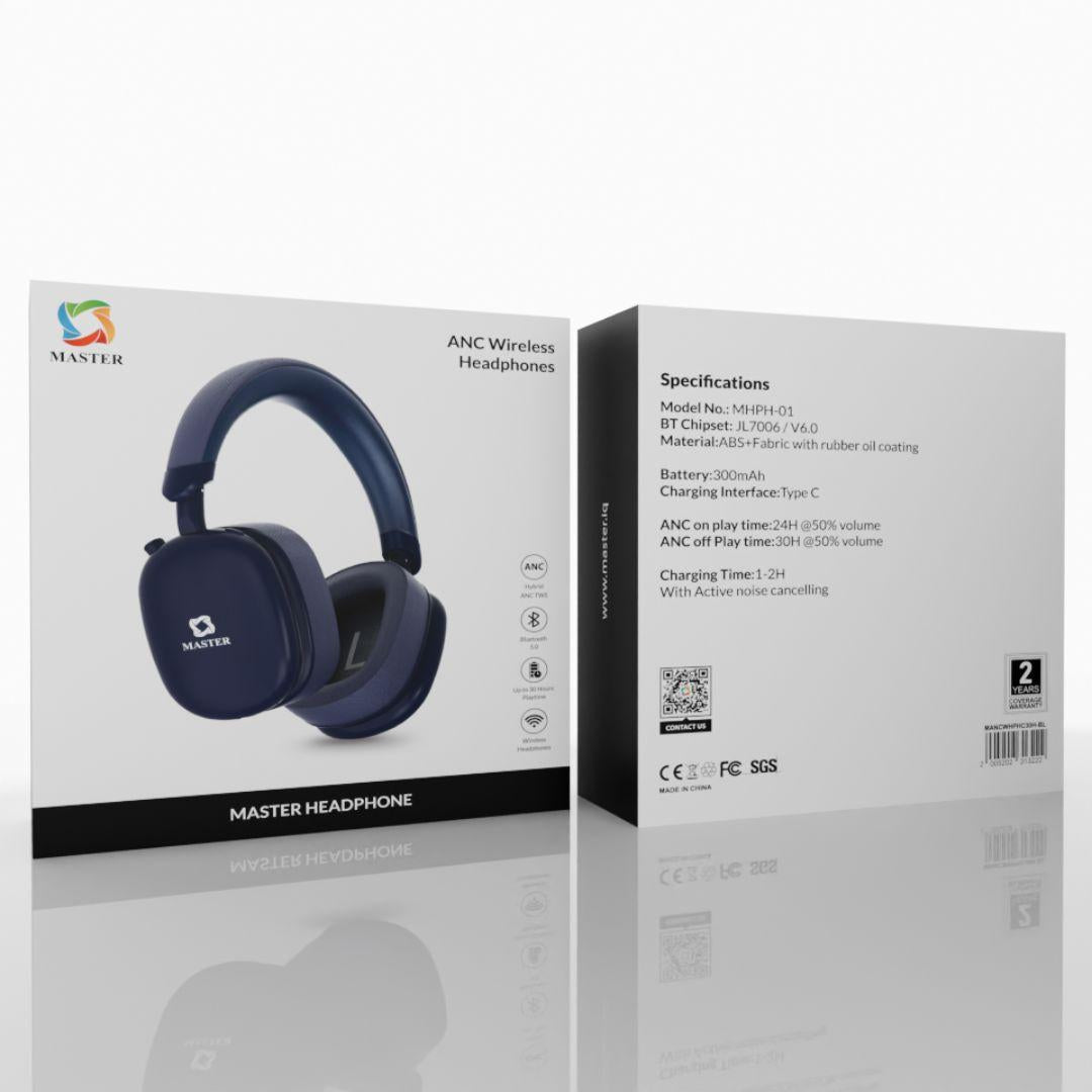سماعة ماستر اللاسلكية بمنفذ تايب سي وبخاصية الغاء الضوضاء و وقت تشغيل حتى 30 ساعة | Master ANC Wireless Headphones Bluetooth 5.0 Active Noise Cancelling 30H Playtime USB-C Charging