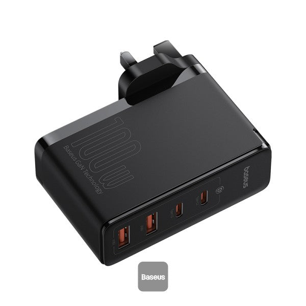 شاحن Baseus GaN5 Pro 2C+2U بقوة 100 واط | Baseus GaN5 Pro Charger 2C+2U 100W UK Black (With Cable C→C 100W 1m Black)