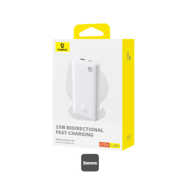 باور بانك Baseus Airpow Lite 10000mAh للشحن السريع 15 واط مع منفذ Type-C ومنفذ USB-A - أسودBaseus Airpow Lite 10000mAh Fast Charge Power Bank 15W With Type-C and USB-A Port - Black