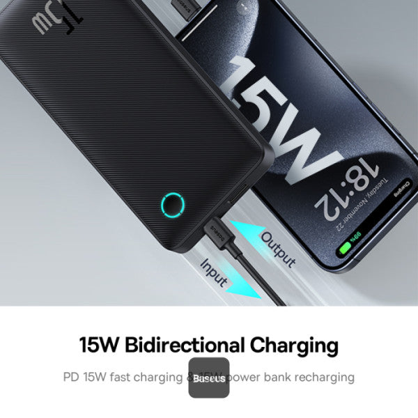 باور بانك Baseus Airpow Lite 10000mAh للشحن السريع 15 واط مع منفذ Type-C ومنفذ USB-A - أسودBaseus Airpow Lite 10000mAh Fast Charge Power Bank 15W With Type-C and USB-A Port - Black