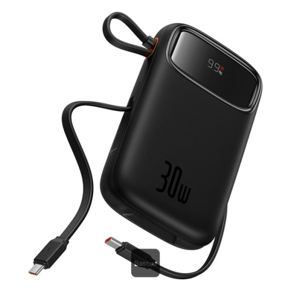 Baseus QPow 2 Power Bank 20000mAh 30W Black (2 Built-in Cables) - بطارية بيسوس كيو باو 2 المحمولة 20000 مللي أمبير 30 واط أسود بكابلين مدمجين