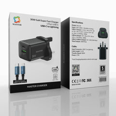 Master 30W Charger USB-A + USB-C with 27W USB-C to Lightning Cable – Black | شاحن ماستر 30 وات منفذين + كابل 27 وات USB-C إلى Lightning أسود