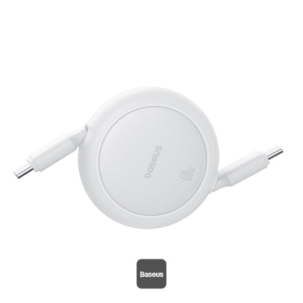 Baseus Free2Pull Mini Retractable Type-C Cable 60W Fast Charging 1M - White | كابل تايب سي قابل للسحب بيسوس فري تو بول ميني شحن سريع 60 واط 1 متر - أبيض