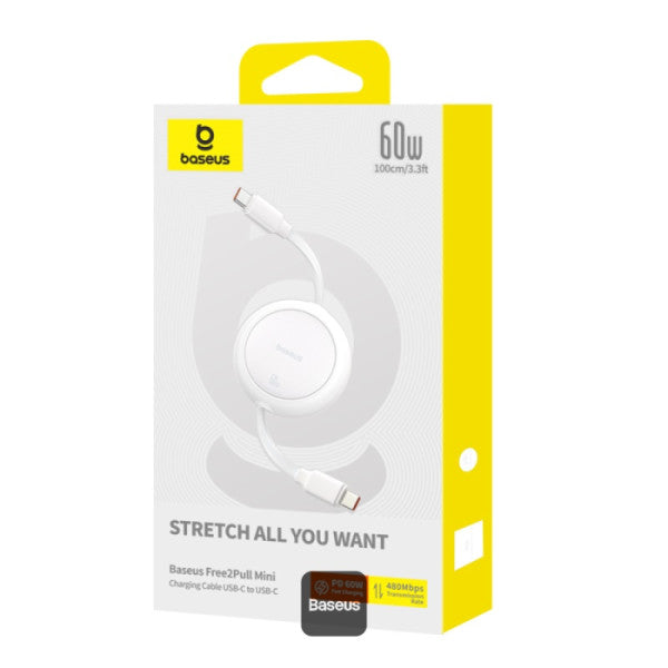Baseus Free2Pull Mini Retractable Type-C Cable 60W Fast Charging 1M - White | كابل تايب سي قابل للسحب بيسوس فري تو بول ميني شحن سريع 60 واط 1 متر - أبيض