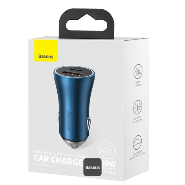 شاحن سيارة بيسوس جولدن كونتاكتور ماكس 60 واط بمنفذي USB-C وUSB-A للشحن السريع | Baseus Golden Contactor Max 60W Car Charger USB-C & USB-A Fast Charging