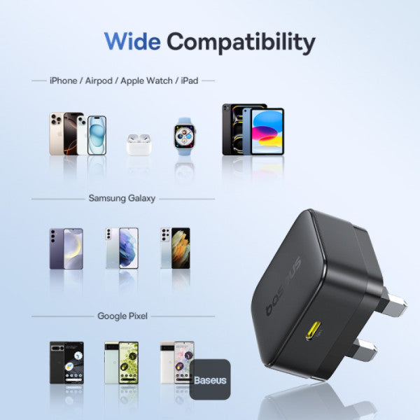 Baseus Palm Charger 1C 30W UK Black (With Cable C→C 60W 1m Black) | شاحن بيسوس بالم 1C 30 واط UK أسود