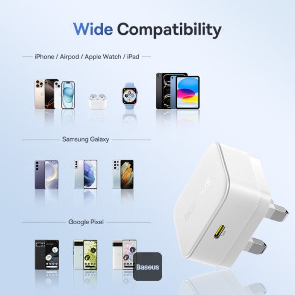 Baseus Palm Charger 1C 30W UK White (With Cable C→C 60W 1m White) | شاحن بيسوس بالم 1C 30 واط UK أبيض