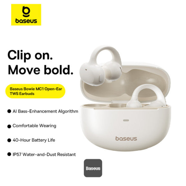 Baseus Bowie MC1 Open-Ear Ear Clip Headphones Bluetooth 5.4 40H Battery AI Bass IP57 - White | سماعات بيسوس بوي MC1 مفتوحة الأذن كليب لاسلكية بلوتوث 5.4 بطارية 40 ساعة باس ذكي مقاومة للماء IP57 - أبيض