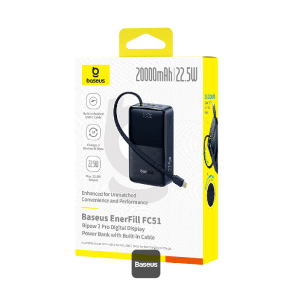 Baseus EnerFill FC51 Bipow2 Pro Power Bank 20000mAh 22.5W Black Built-in Cable - باور بانك بيسوس انرفيل FC51 بايباو 2 برو 20000 مللي أمبير 22.5 واط أسود بكيبل مدمج