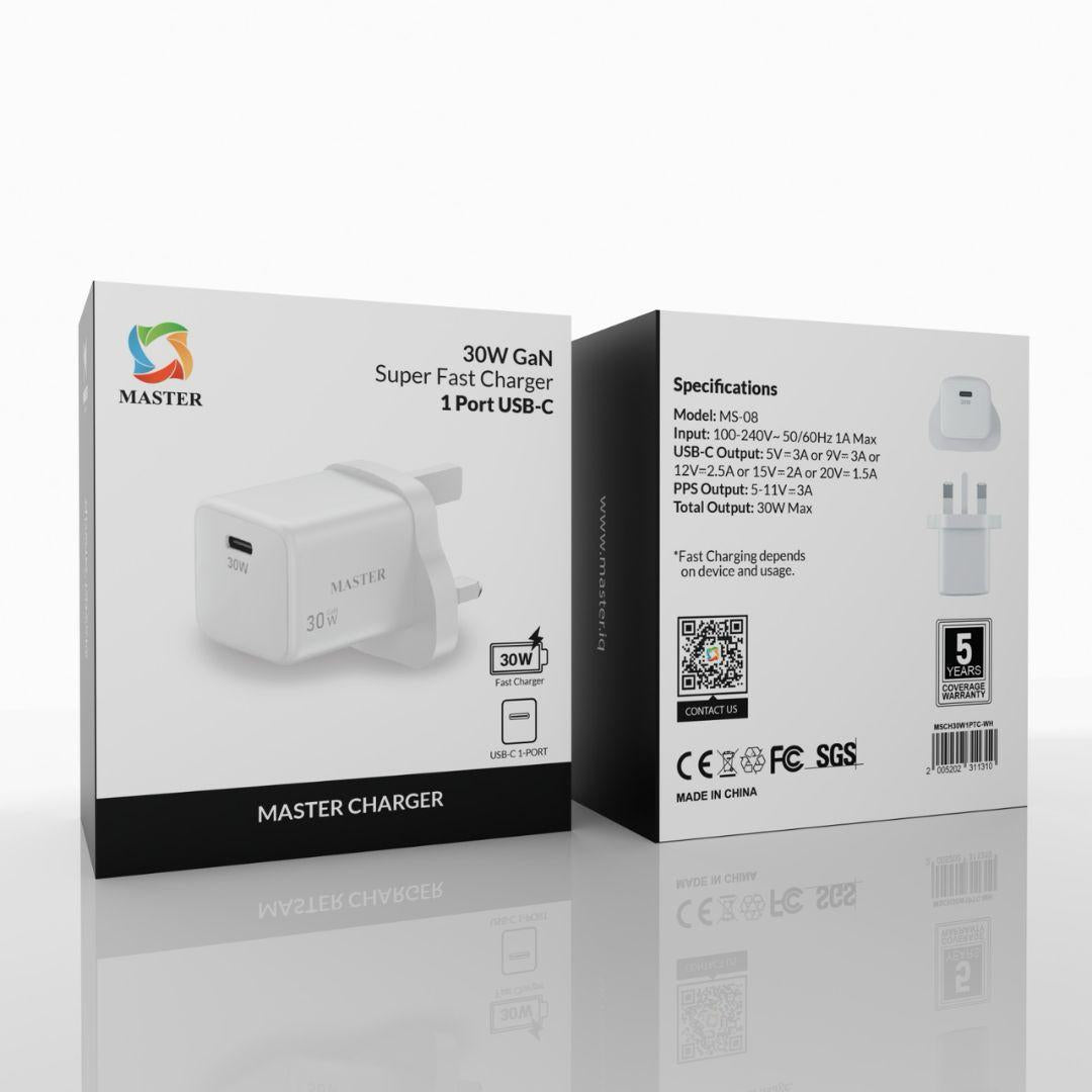 Master 30W Fast Charger 1-Port USB-C – White | شاحن ماستر 30 وات منفذ واحد USB-C أبيض