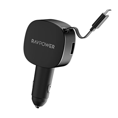 شاحن سيارة راف باور RP-VC1021 بقدرة 75 واط مع كيبل قابل للسحب - أسود | RAVPower RP-VC1021 Car Charger 75W with Retractable Cable - Black