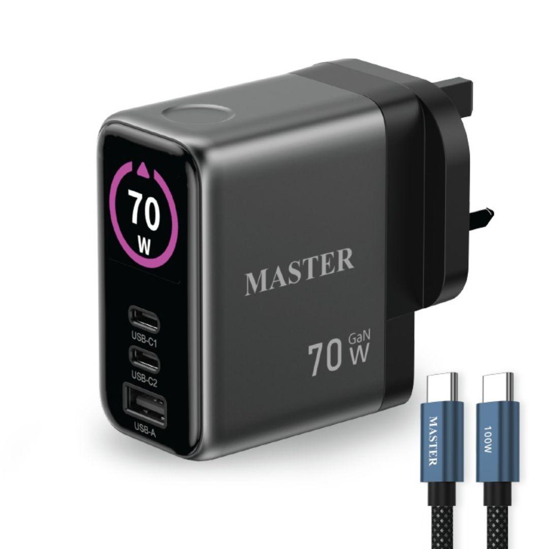 Master 70W GaN Fast Charger 3 Ports with 100W USB-C Cable Gray MSCHGFCH70W-GY