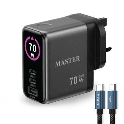 Master 70W GaN Fast Charger 3 Ports with 100W USB-C Cable Gray MSCHGFCH70W-GY