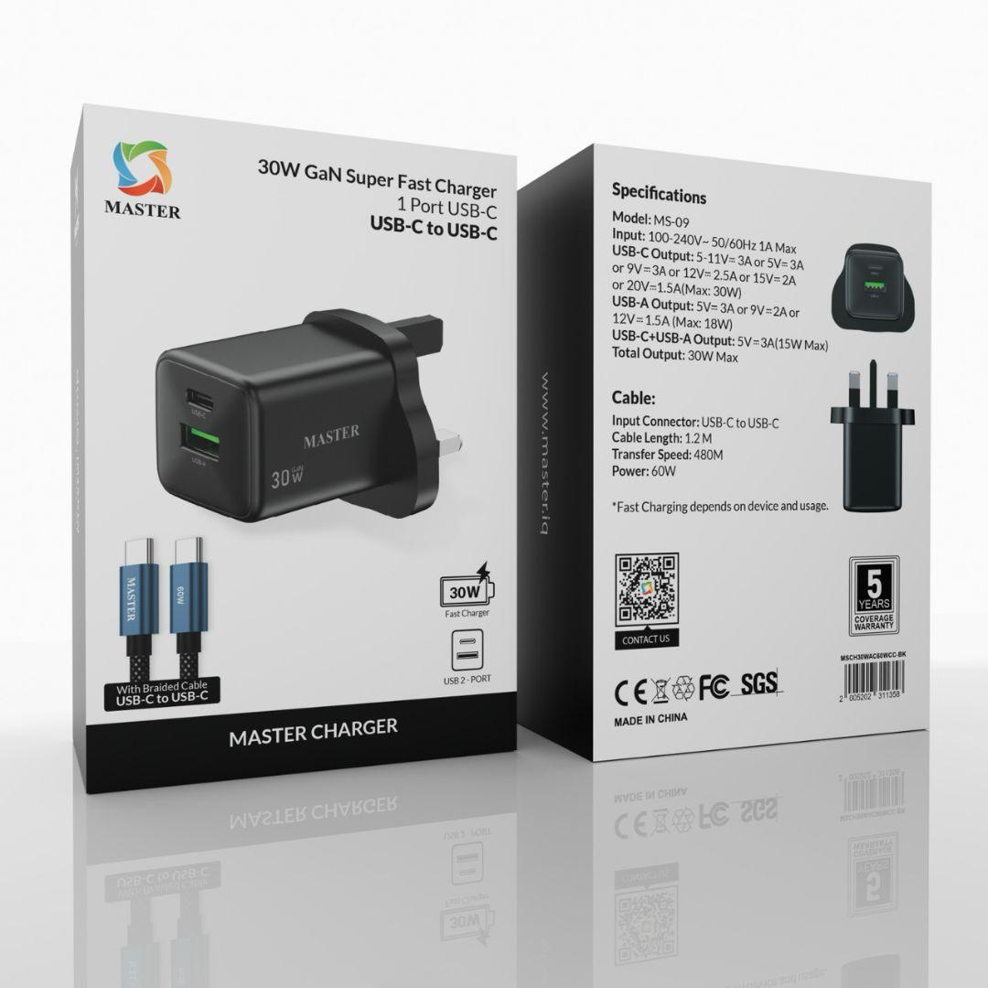 Master 30W Charger USB-A + USB-C with 60W USB-C Cable – Black | شاحن ماستر 30 وات منفذين + كابل 60 وات USB-C أسود