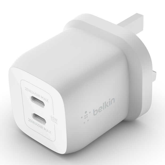 شاحن جداري GaN بيلكن BoostCharge Pro بمنفذي تايب سي وبقدرة شحن 45 واط | Belkin BoostCharge Pro Dual USB-C GaN Wall Charger with PPS 45W