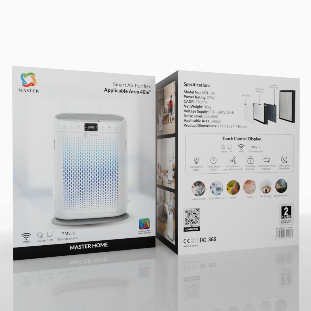 منقي هواء ذكي ماستر بفلتر HEPA H13 مع لوحة لمس و وضع الهدوء - ابيض | Master Smart Air Purifier with H13 HEPA Filter 250 CADR with Touch Panel & Quiet Mode - White
