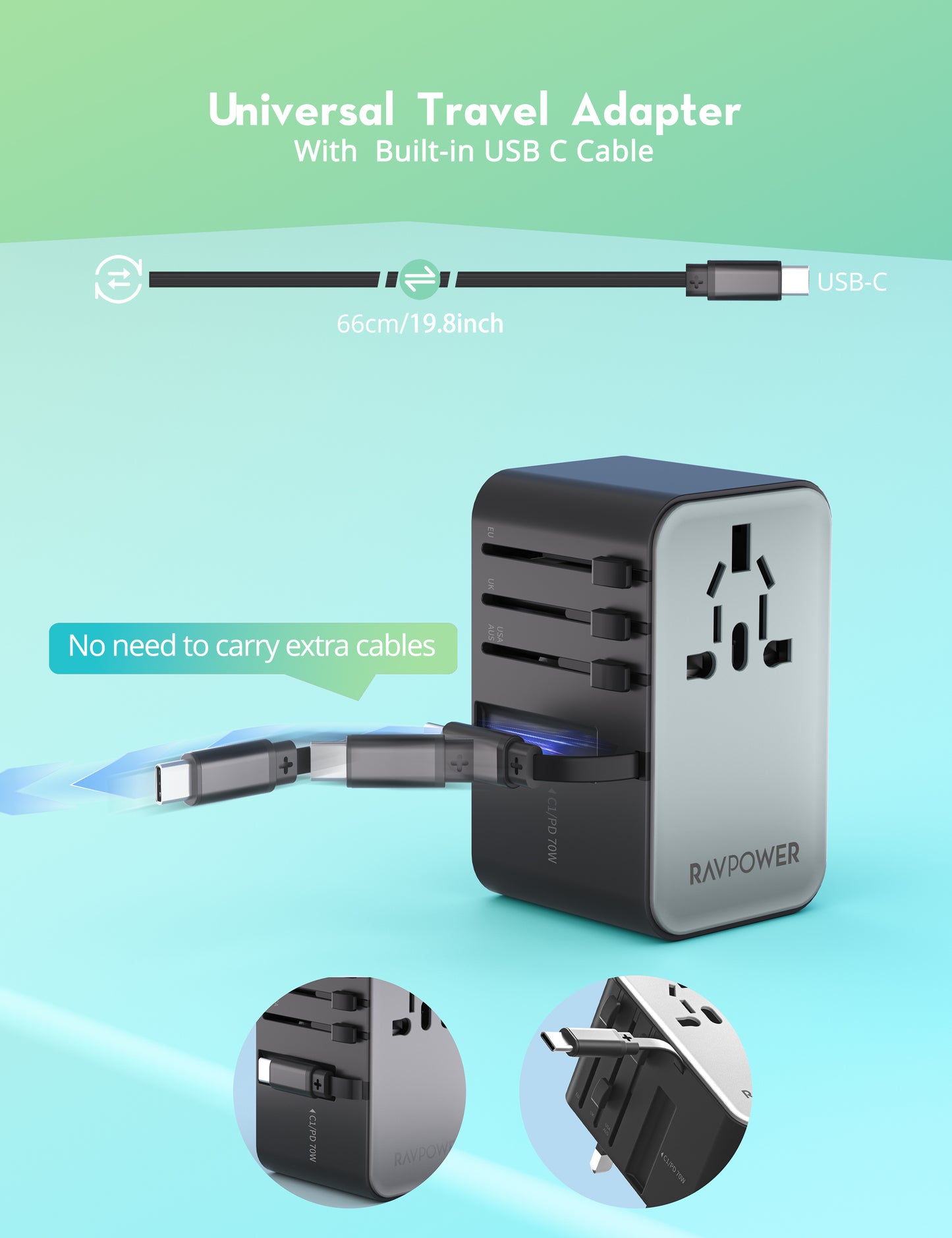 Şarjêrê rêwîtiyê ya RAVPower RP-PC1061 70W PD bi kabloya USB-C ya çêkirî | Şarjêrê rêwîtiyê ya RAVPower RP-PC1061 70W PD bi kabloya USB-C ya vekişîner