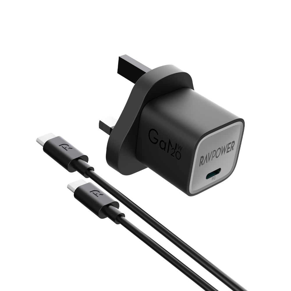 شاحن جداري راف باور بقدرة شحن 20 واط مع كيبل تايب سي الى تايب سي | RAVPower RP-PC1057 20W GaN PD Wall Charger with USB-C to USB-C Cable