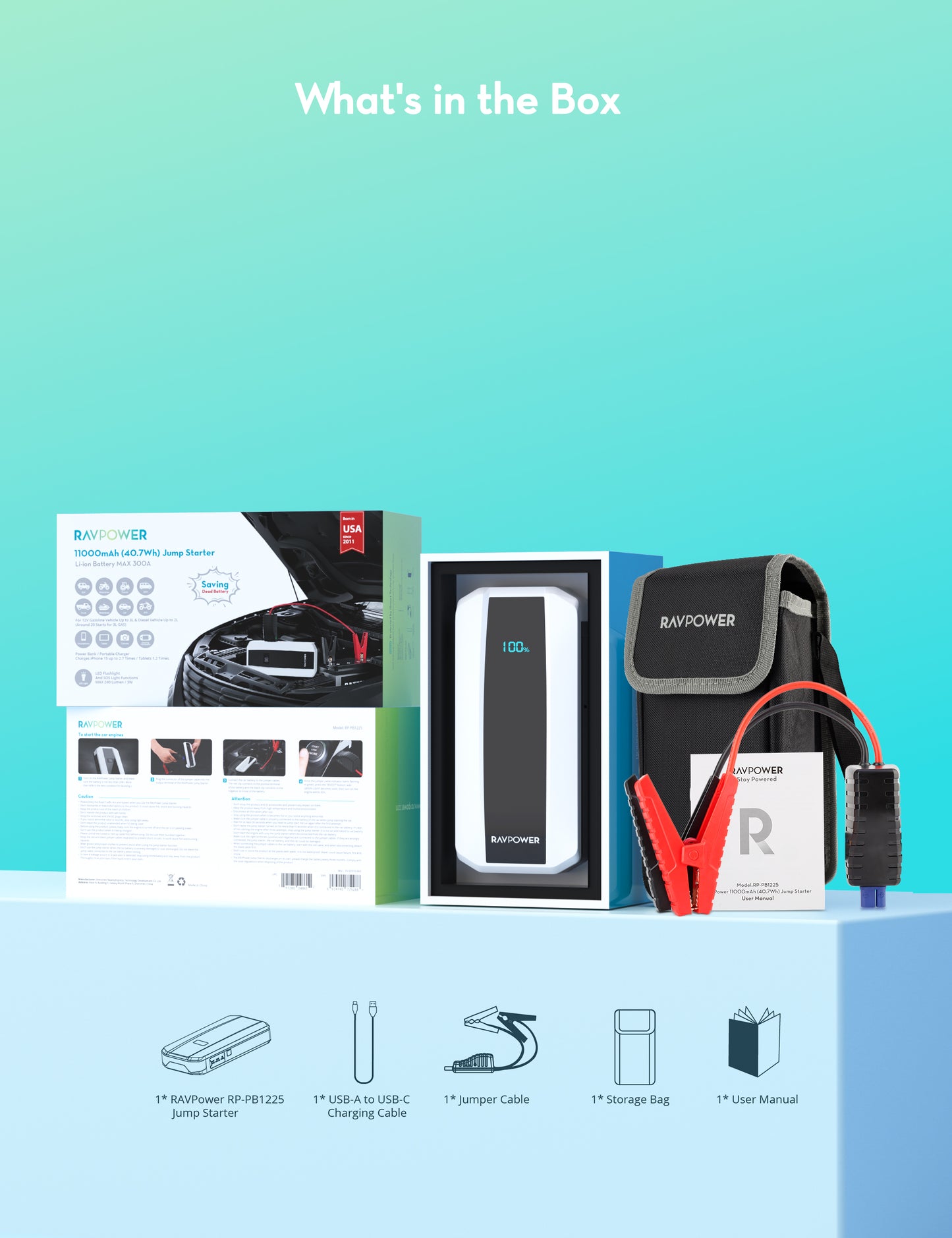 RAVPower PB1225 11,000mAh Destpêkera Bateriya Otomobîlê ya Awarte | RAVPower PB1225 11000mAh Destpêkera Bateriyê (40.7Wh) – Zêdekera Bateriya Otomobîlê û Banka Hêzê