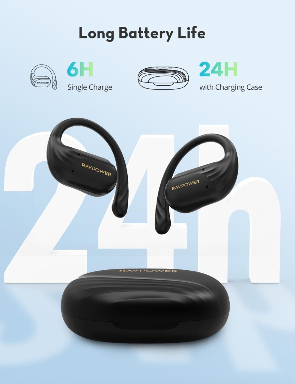 Guhguhkên Bluetooth ên Bêtêl ên Rastîn ên Guh-vekirî yên RAVPower BH1016 - Reş