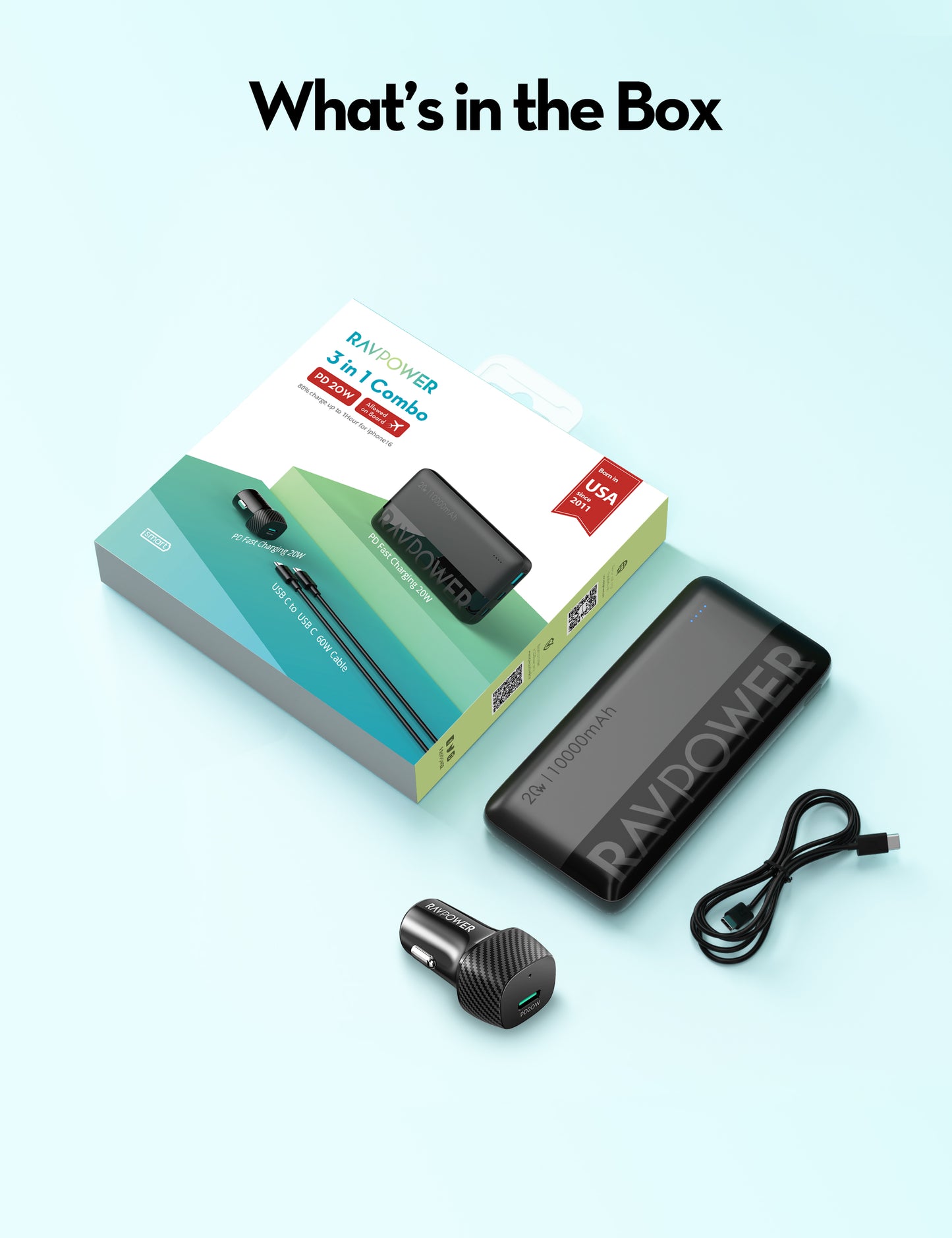 Kombînasyona Şarjêra Otomobîlê ya RAVPower RP-VC1014 bi Bankeya Hêzê ya 10,000mAh û Kabloya USB-C ya 60W