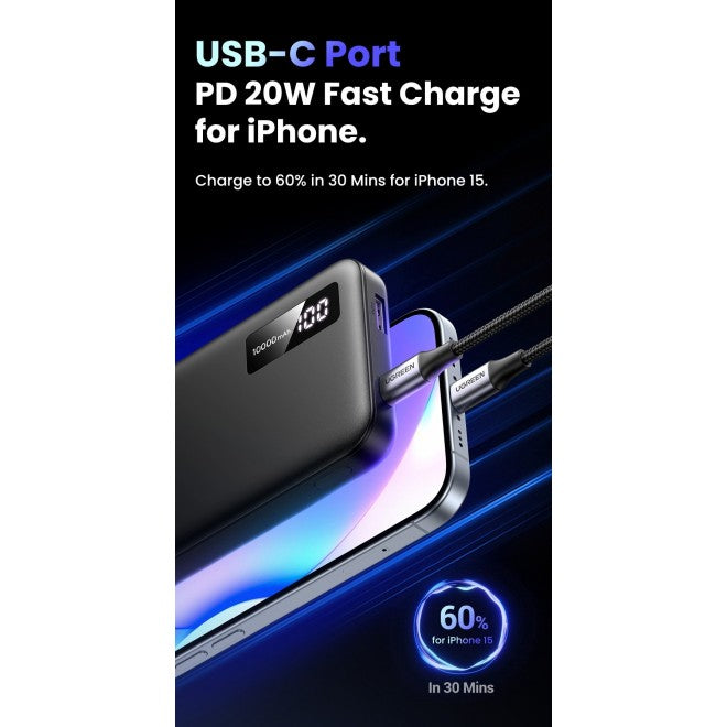 UGREEN 10000mAh Two-way Fast Charging Power Bank Black - باور بانك يوجرين 10000 شحن سريع ثنائي الاتجاه أسود