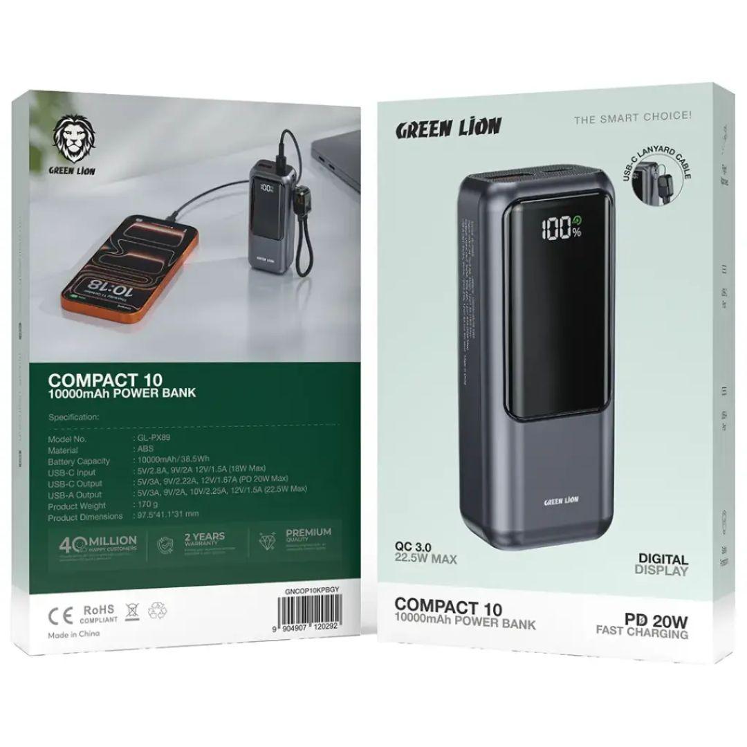 باور بانك جرين لايون كومباكت 10 سعة 10000 مللي أمبير - رمادي | Green Lion Compact 10 10000mAh Power Bank - Grey