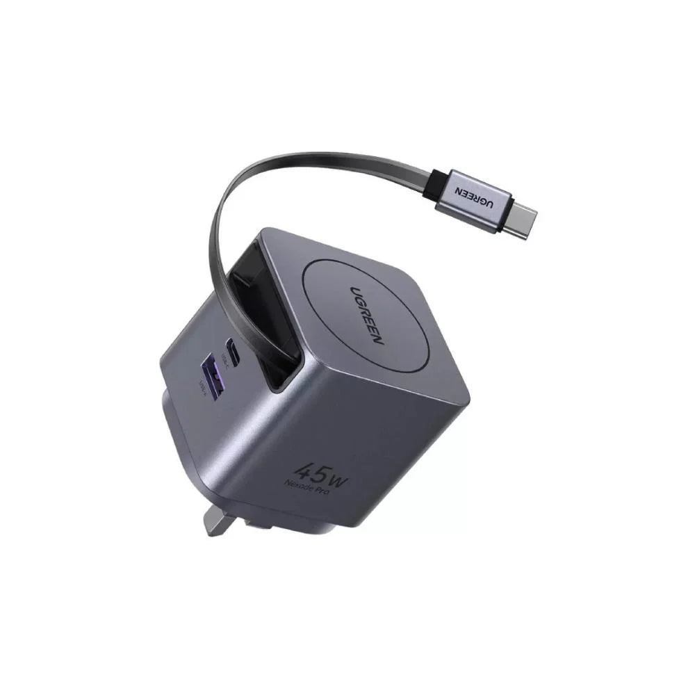 شاحن UGREEN 45W GaN مع كيبل قابل للسحب | UGREEN 45W GaN Fast Charger with Retractable Cable