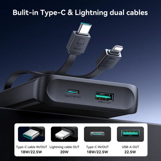 Bankeya Hêzê ya Joyroom 10,000mAh 22.5W bi Dîmendera Dîjîtal û Kabloyên Çêkirî yên Type-C û Lightning - Reş | JOYROOM JR-PBF19