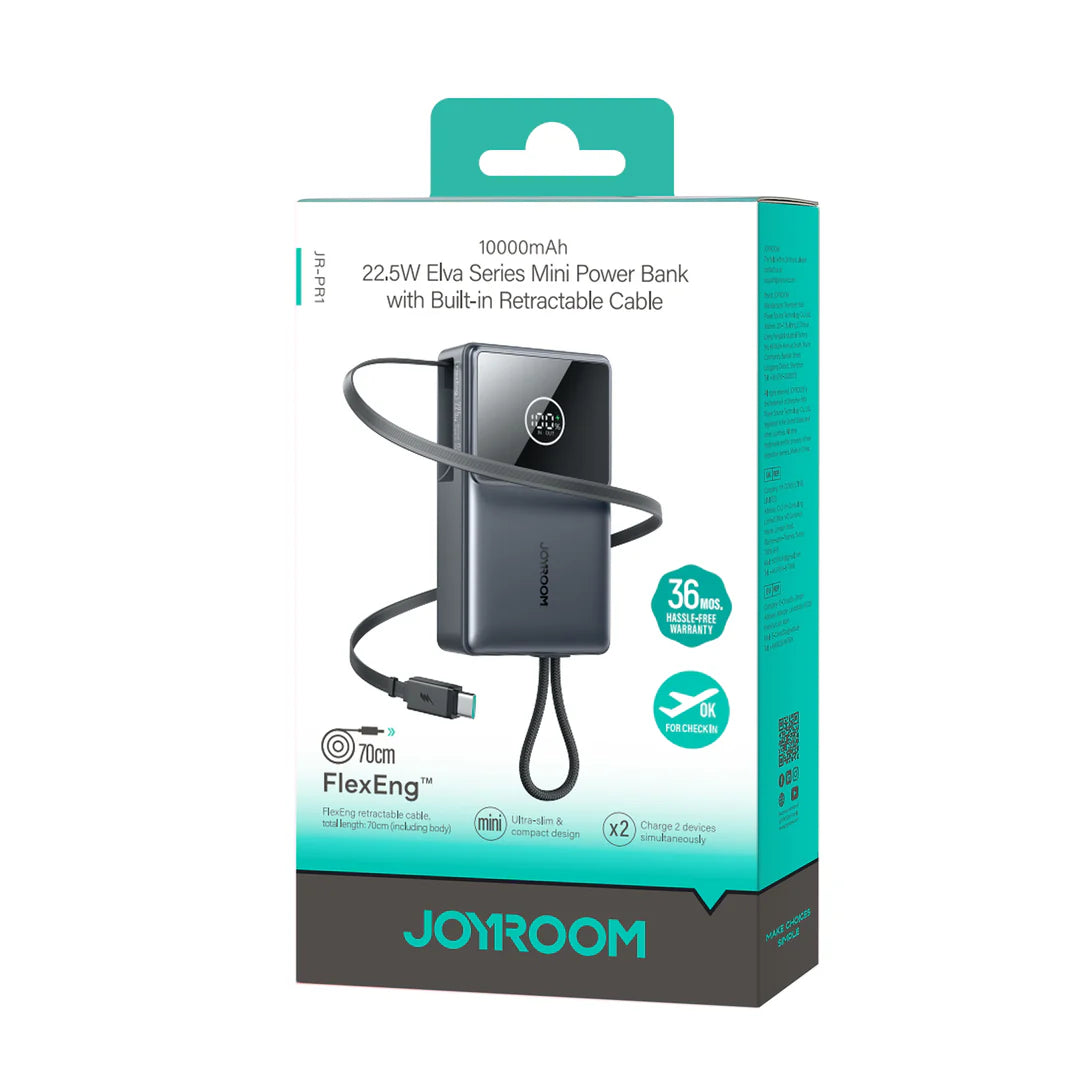 Bankeya Hêzê ya JOYROOM 10,000mAh bi Hêza Şarjkirinê ya 22.5W û Kabloya Type-C ya Çêkirî - Reş | Bankeya Hêzê ya JOYROOM JR-PR1 22.5W bi Kabloya Vekişîner a Çêkirî 10000mAh – Reş