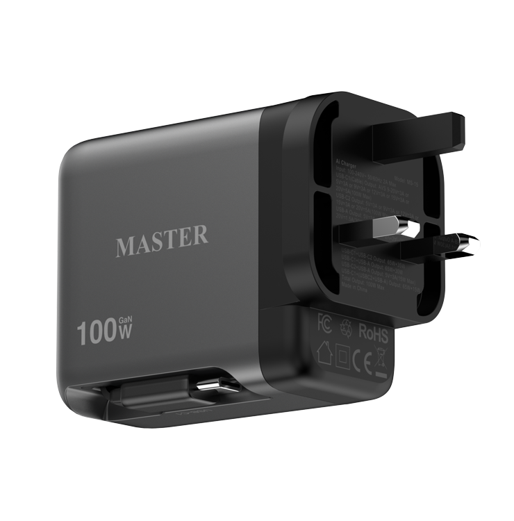 شاحن ماستر GaN بمنفذي تايب سي و يو اس بي اي وبقدرة شحن 100 واط مع كيبل تايب سي مدمج - رمادي | Master Charger TFT-100W GaN Dual USB-C + USB-A with Built-in Type-C Cable - Grey